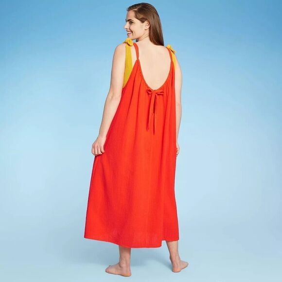 Kona Sol - Women's Midi Cover up Dress - red Orange SIZE S-M (4-10) - Picture 2 of 9